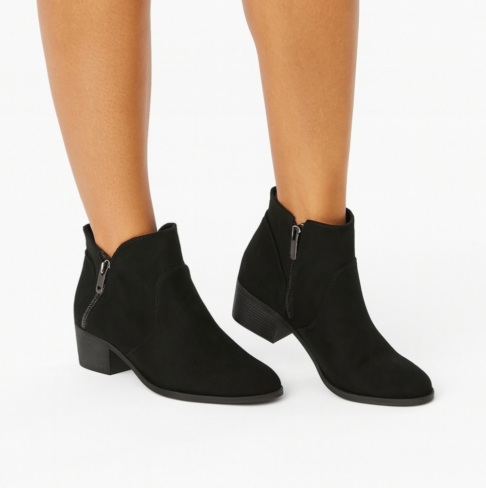 Sun + Stone Black Suede Ankle Boots Size 6.5 – Zip Detail Low Heel Booties